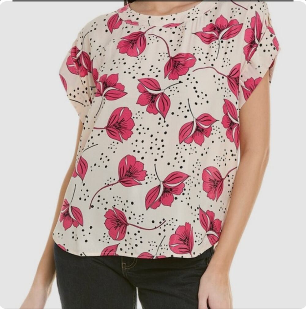 Cabi Whimsy Boxy Top Large Cream Pink Floral Polka Dot Blouse Style 4166 Boho